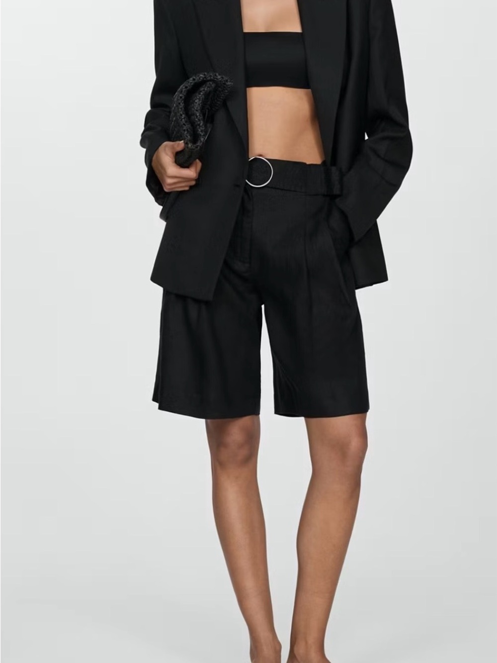 Mango Black High-Waist Linen Blend Bermuda Shorts